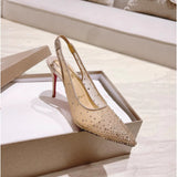 Louboutin-style red bottom shoes cl red bottom flats net diamond back hollow thin heel women's high heels pointed toe wedding shoes cm.cm.cm red bottom