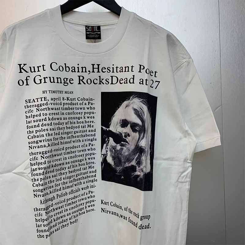 SAINT MICHAEL Vintage T Shirt Kurt Cobain Black and White Newspaper Portrait Short Sleeve