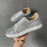 Louboutin-style red bottom shoes, silver leopard print, cl rivet red sole sneakers, trendy sneakers, versatile casual shoes, student light luxury preppy style