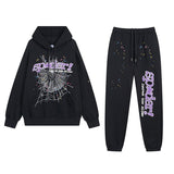 Sp5der Hoodie & Sweatpants 2 Piece Set Spider Web Stereo Printing plus Velvet