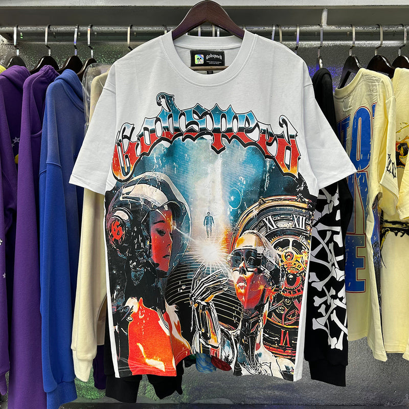 Godspeed T Shirts Astronaut Robot Printed Cotton Casual Short Sleeve Men and Women