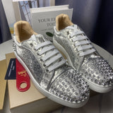 Louboutin-style red bottom shoes, silver leopard print, cl rivet red sole sneakers, trendy sneakers, versatile casual shoes, student light luxury preppy style