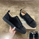 Louboutin-style red bottom shoes european station cl electric embroidered red bottom men's shoes black embroiderlow ankle studded men's shoes flatscasual shoes crescent shoes