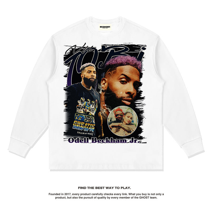 Nba Long Sleeve Shirt Rugby Star Printed Long Sleeve T-shirt Loose Heavy Cotton round Neck