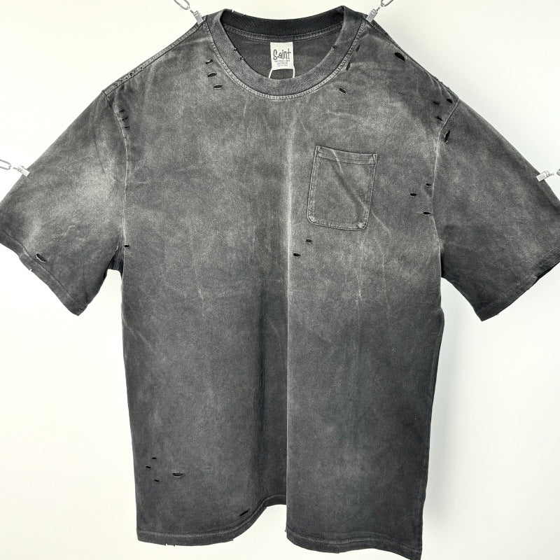 Mens Vintage T-Shirts SAINT Wasteland Style Ripped Washing Techniques T-Shirts