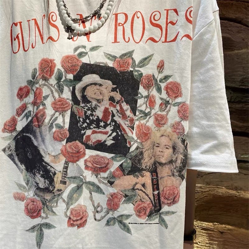 Men Vintage T-Shirts vintage Guns Band Printed Short Sleeves Loose American