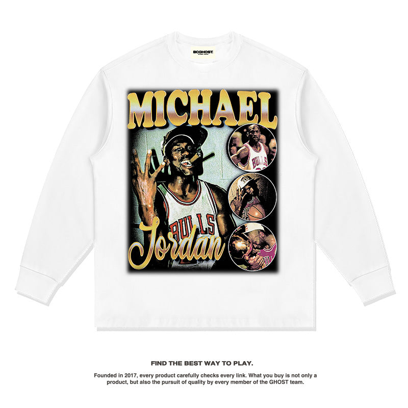 Nba Long Sleeve Shirt Autumn and Winter American Vintage Printed Long Sleeve T-shirt Retro Loose Washed-out
