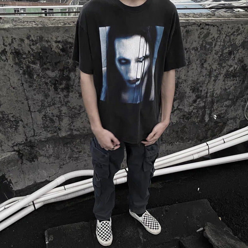 Men Vintage T-Shirts Marilyn Manson Short Sleeve High Street Old Vintage Casual