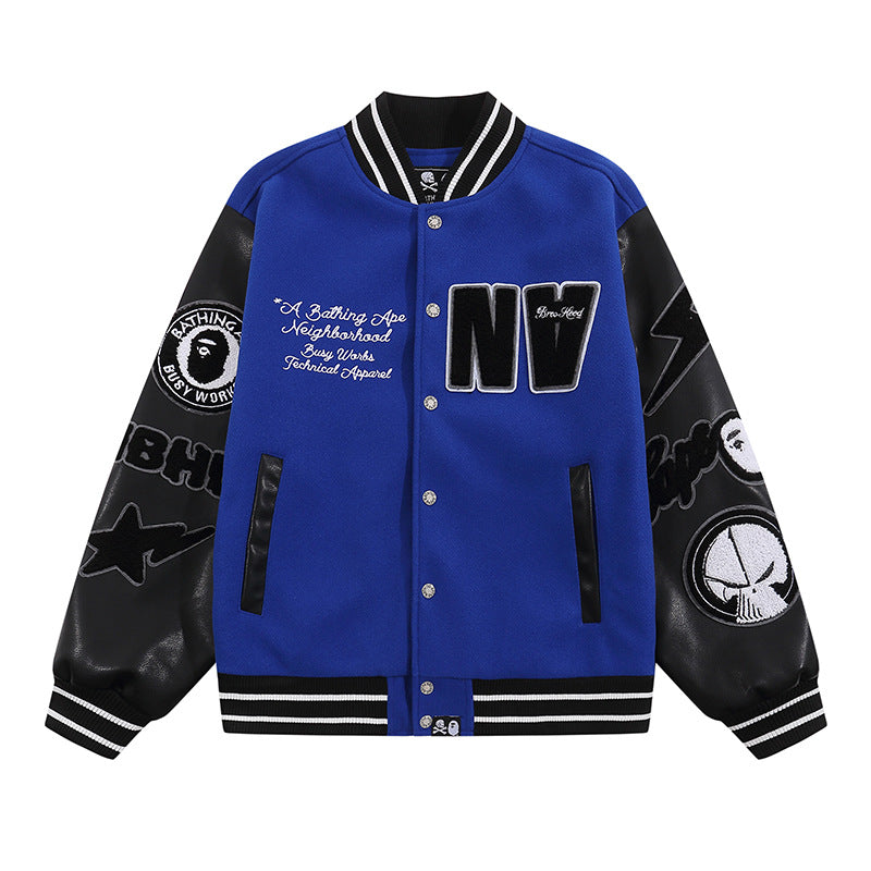 Bathing Ape jacket autumn and winter ape man letter embroidered patch leather sleeve baseball cotton jacket cotton coat