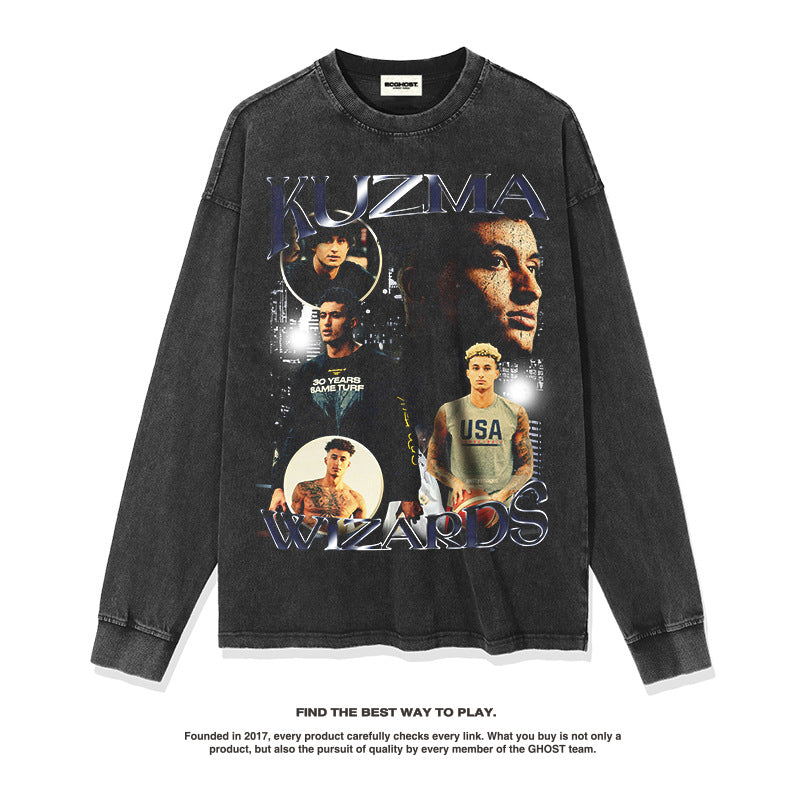 Nba Long Sleeved Shirt Autumn and Winter Washed Distressed Long Sleeve T-shirt Loose Heavy round Neck Sweater Fashion