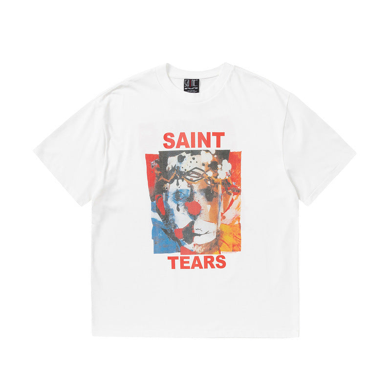 Mens Vintage T-Shirts SAINT MICHAEL CHO Clown Graffiti Short Sleeve Vintage Wash