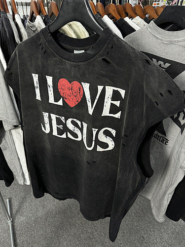 Mens Vintage T-Shirts "I Love Jesus" Wash Water Old T-Shirts
