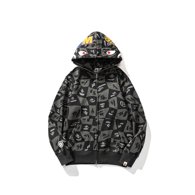 Bathing Ape Hoodie Checkered Embroidered Black and Grey Sweater Zipper Hooded Jacket Cardigan