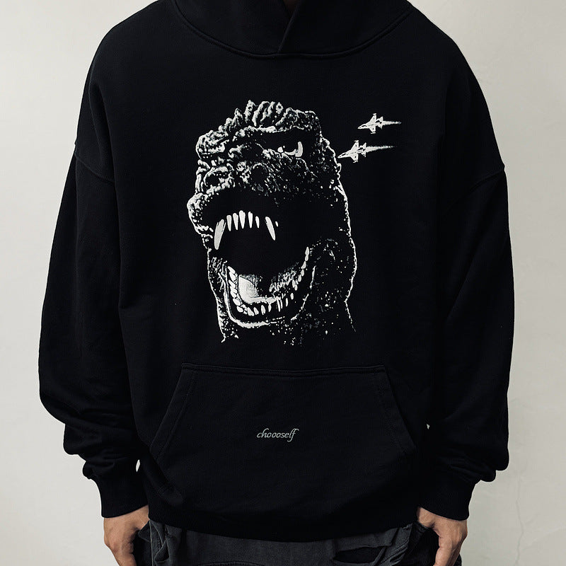 Mens Vintage T-Shirts vintage Godzilla Loose Couple Hooded Sweater