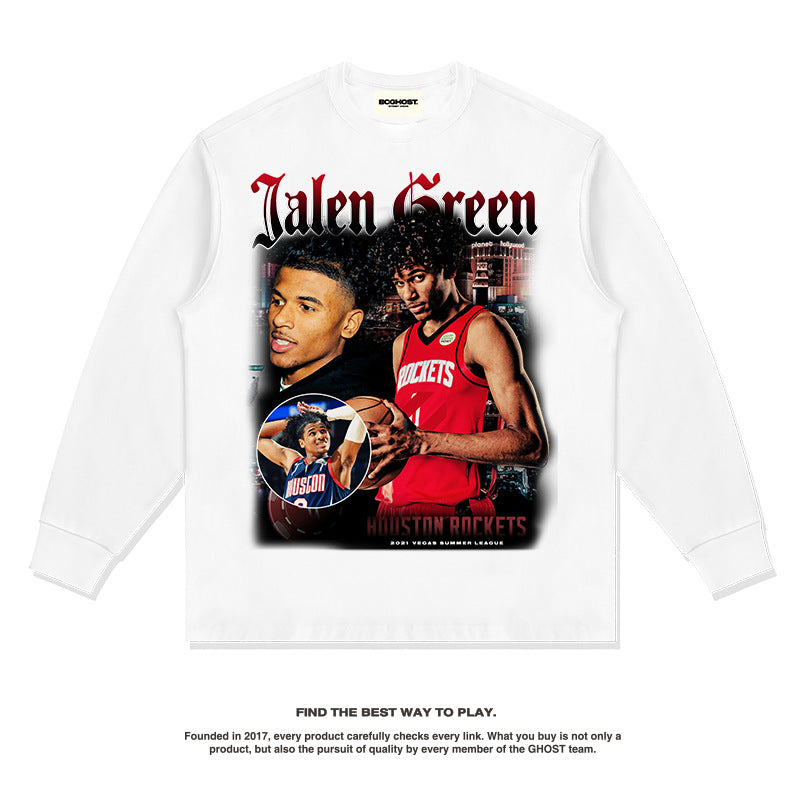 Nba Long Sleeve Shirt Autumn and Winter Jalen Green American Long Sleeve T-shirt Men and Women Pure Cotton Washed