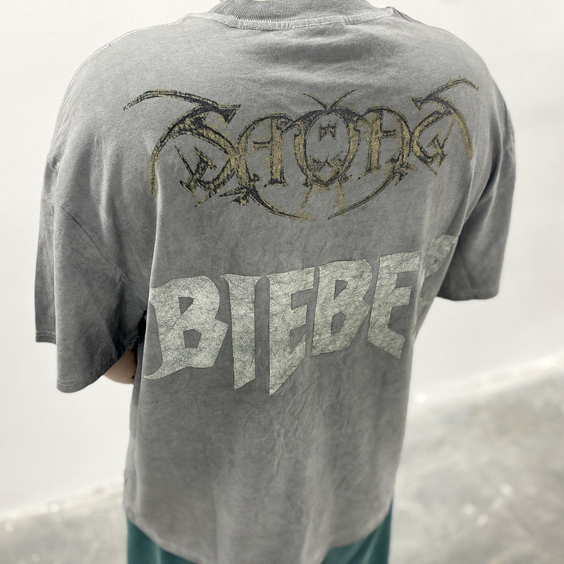 Men Vintage T-Shirts vintage Bieber Tour Rock Ghost Short Sleeve Wash Old