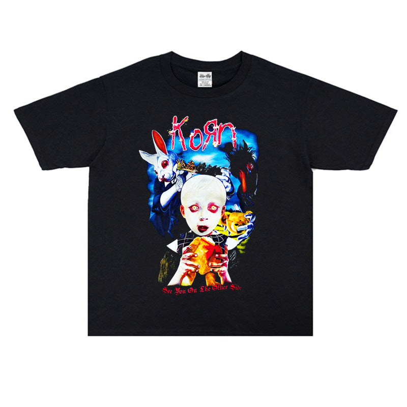 Rock Star T Shirt Korn Band Rock Print Personalized T-shirt Short Sleeve Loose Cotton Men and Women