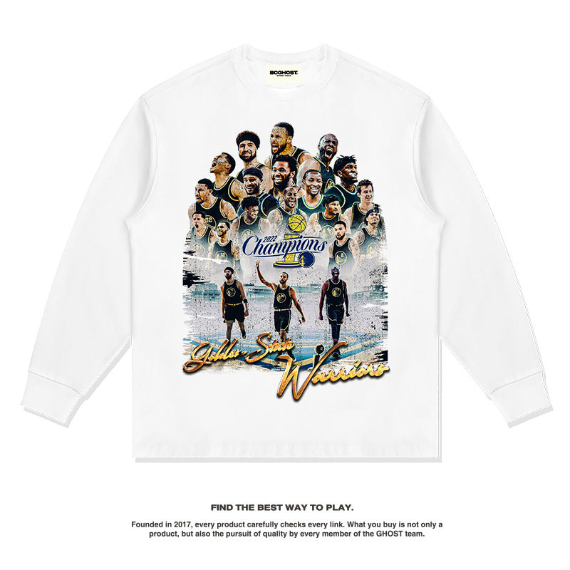 Nba Long Sleeve Shirt Loose Washed-out Cotton round Neck