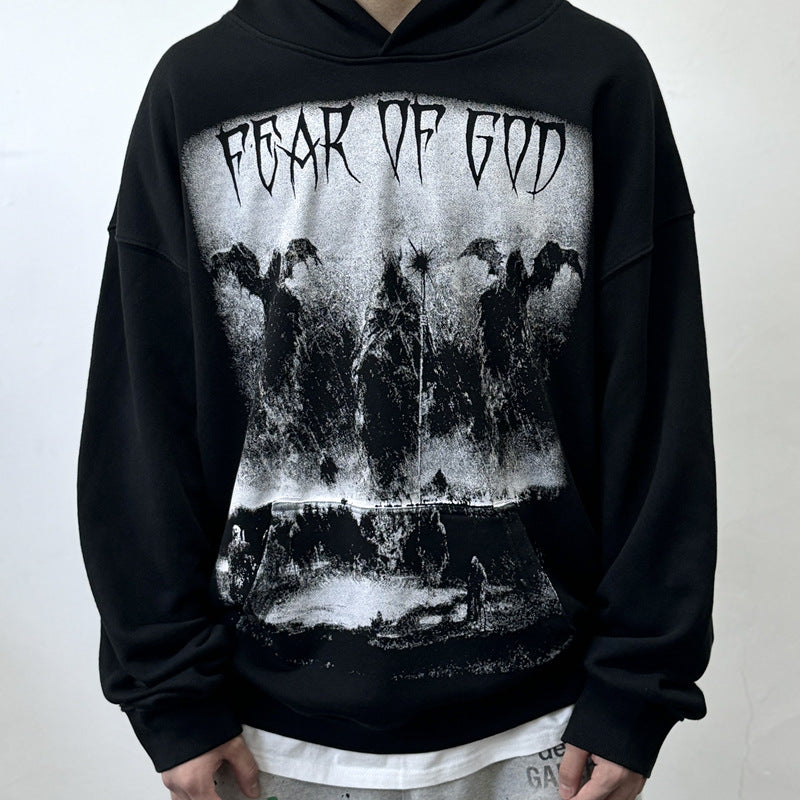 Men Vintage Hoodies Vintage Wash Flame Print