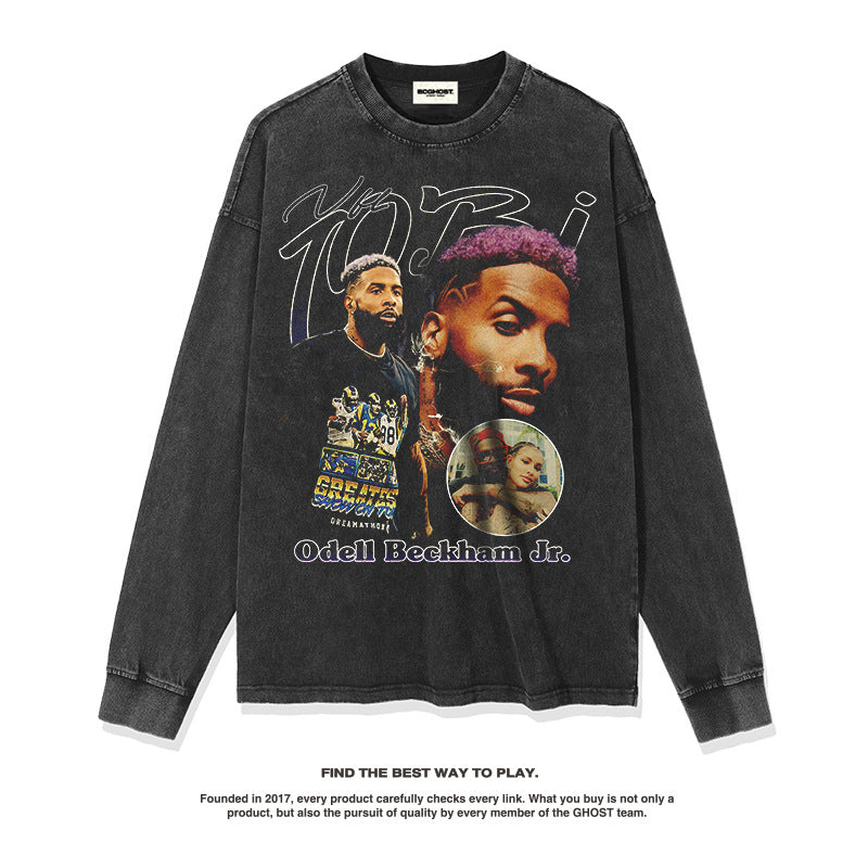 Nba Long Sleeve Shirt Rugby Star Printed Long Sleeve T-shirt Loose Heavy Cotton round Neck