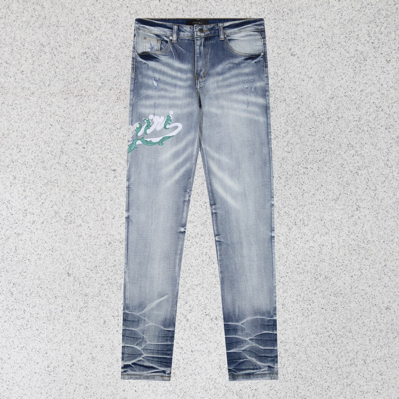 Amiri Jeans Spring and Autumn AMI Embroidered Alphabet Straight Jeans for Men and Women