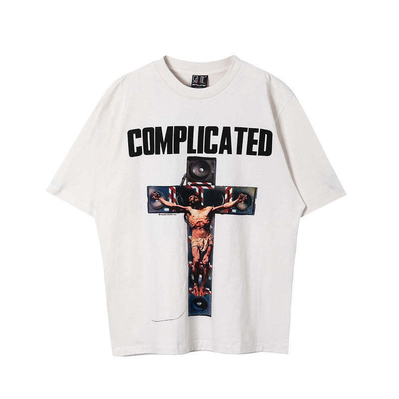Mens Vintage T-Shirts SAINT MICHAEL CHO Cross Print Crew Neck Short Sleeve Vintage