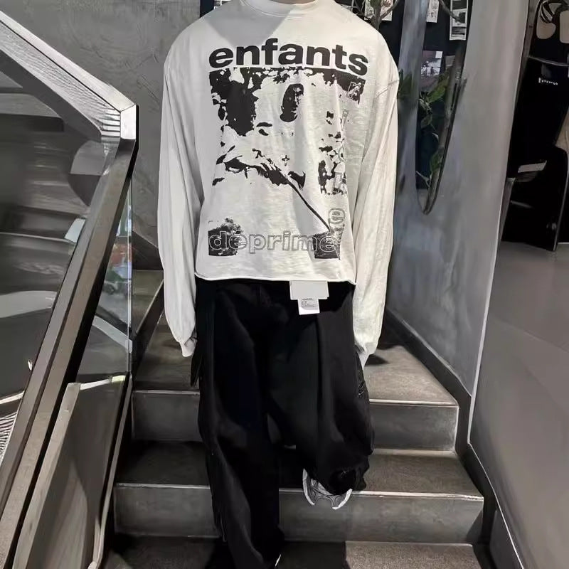 ERD Sweatshirt Printed Pattern Long Sleeve Boxy round Neck T-shirt White