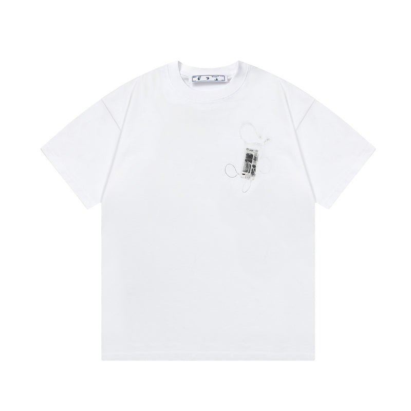 Off White T Shirts OW Headphones Flower Pattern Crew Neck Pullover Short Sleeves