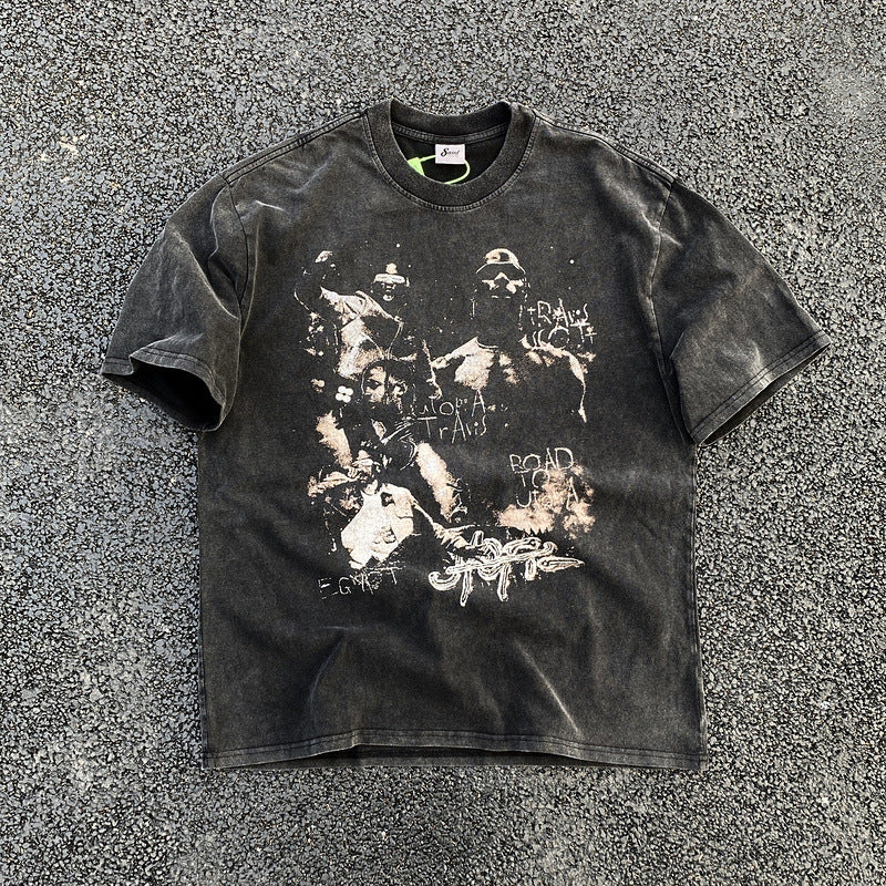 Men Vintage T-Shirts Vintage White Ink Printing Old Short Sleeve Vintage Loose Wash