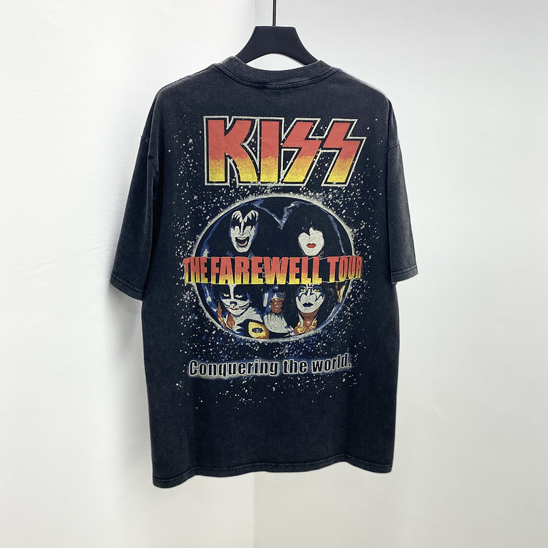 Men Vintage T-Shirts vintage Christmas Tour Kiss Band Short Sleeve Wash