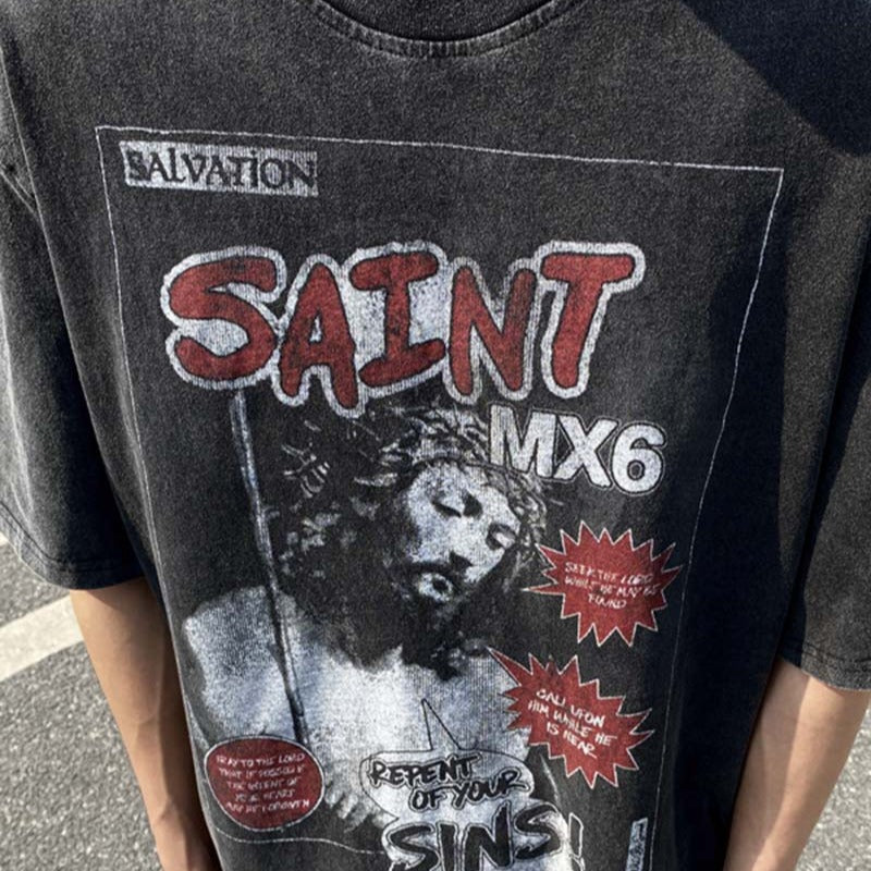 Mens Vintage T-Shirts SAINT MICHAEL CHO Redemption Day, Vintage Washed Short Sleeve T-Shirt