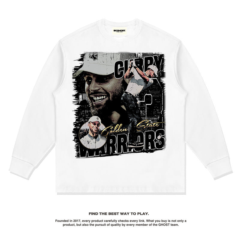 Nba Long Sleeve Shirt American Vintage Printed Long Sleeve T-shirt Cotton Loose round Neck Men and Women