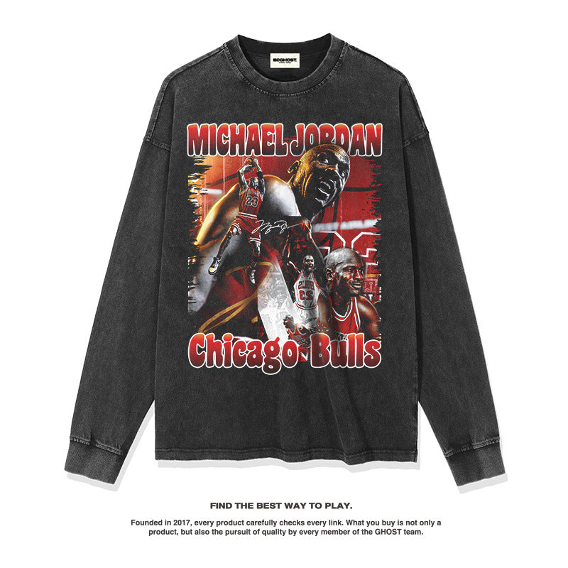 Nba Long Sleeve Shirt Long Sleeve T-shirt Autumn and Winter Men and Women Retro Washed Distressed
