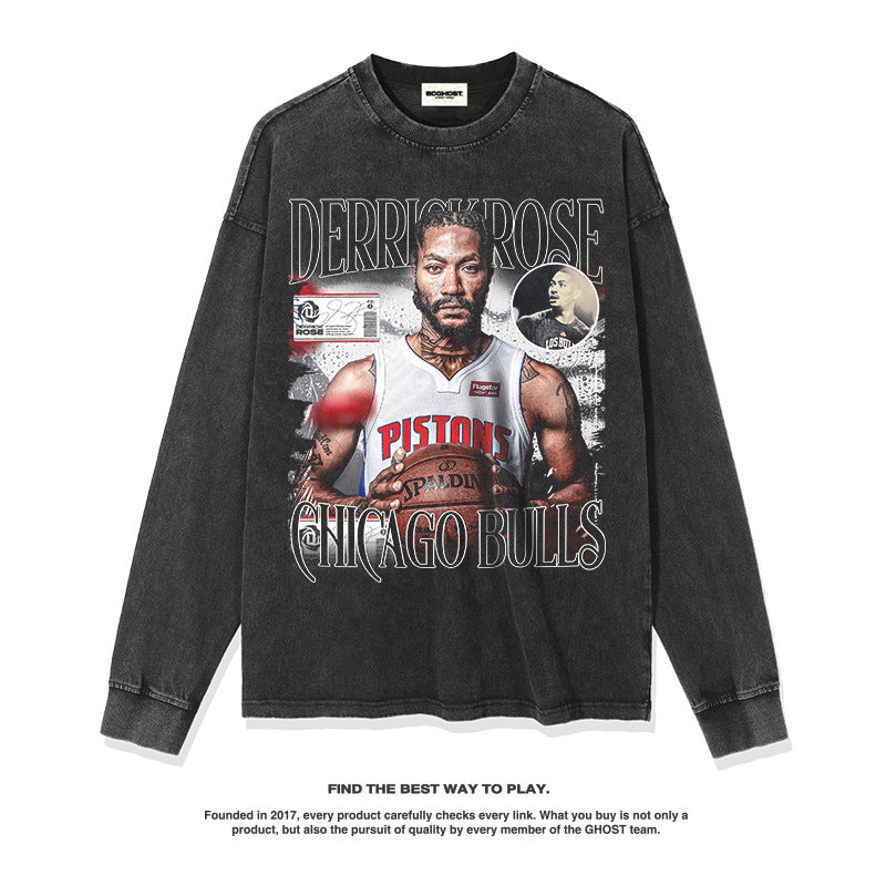 Nba Long Sleeve Shirt Derrick Rose American Street Basketball Jersey Printed Long Sleeve T-shirt Washed