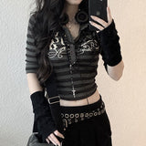 Vintage Y2g Shirts Women's Printing T-shirt Slim-Fit Striped Short Sleeves Female