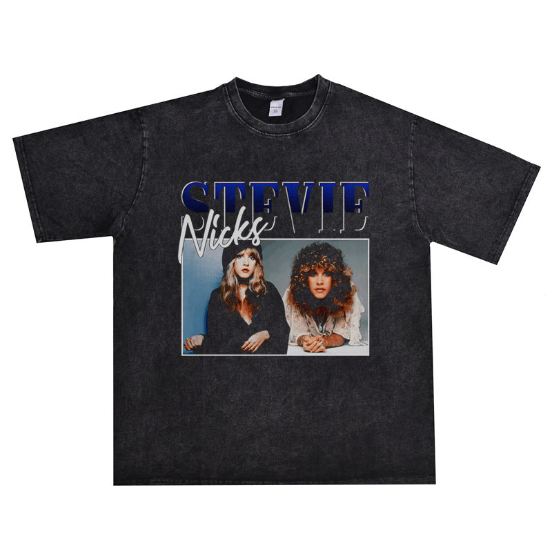 Rock Star T Shirt Singer Stevie Nicks Washed Distressed T-shirt Short Sleeve Men and Women Loose