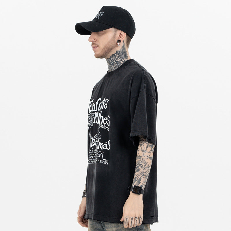 ERD T Shirts Creative Letters Ripped Washed Short Sleeve T-shirt