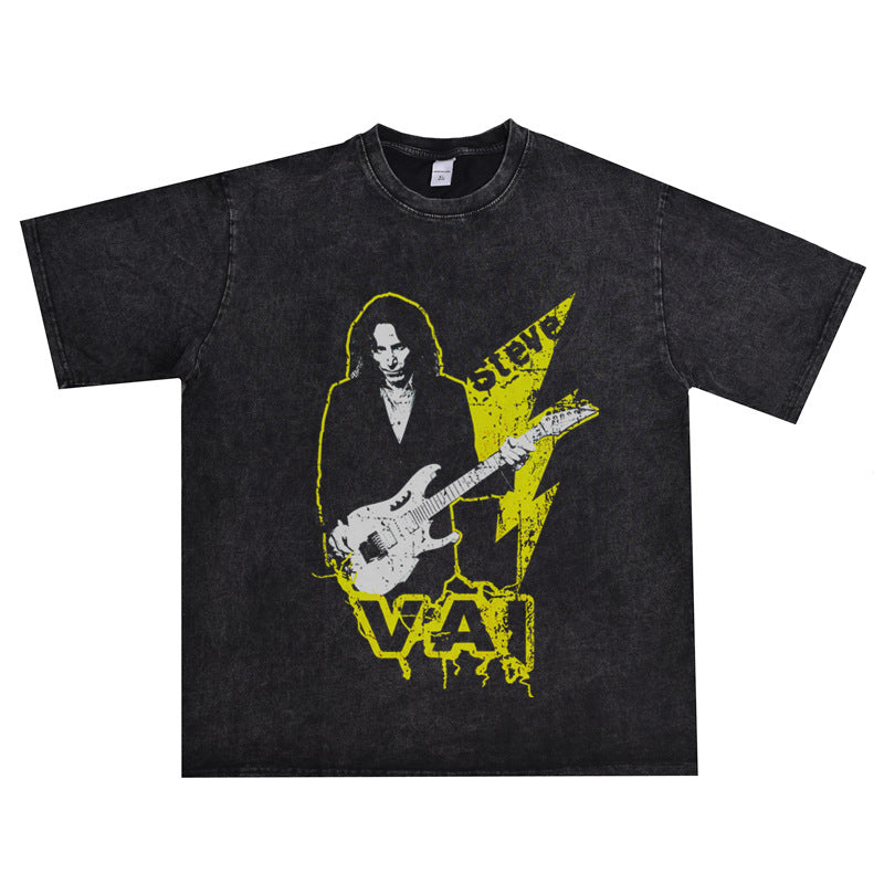 Rock Star T Shirt Singer Steve Vai Washed Distressed T-shirt Short Sleeve Loose Cotton Men and Women