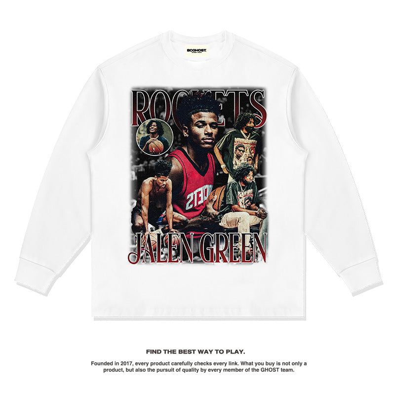 Nba Long Sleeved Shirt Autumn and Winter Jay Green American Street Fashion Brand round Neck Long Sleeve T-shirt