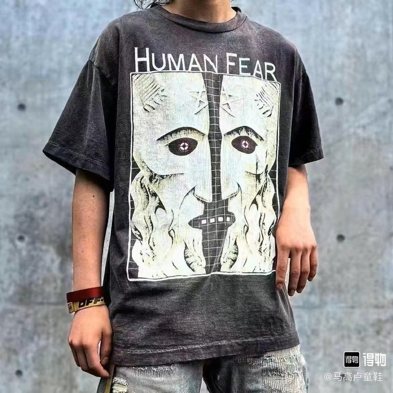 Mens Vintage T-Shirts SAINT MICHAEL CHO White Ghost Crack Print Crew Neck Casual Short Sleeve Vintage