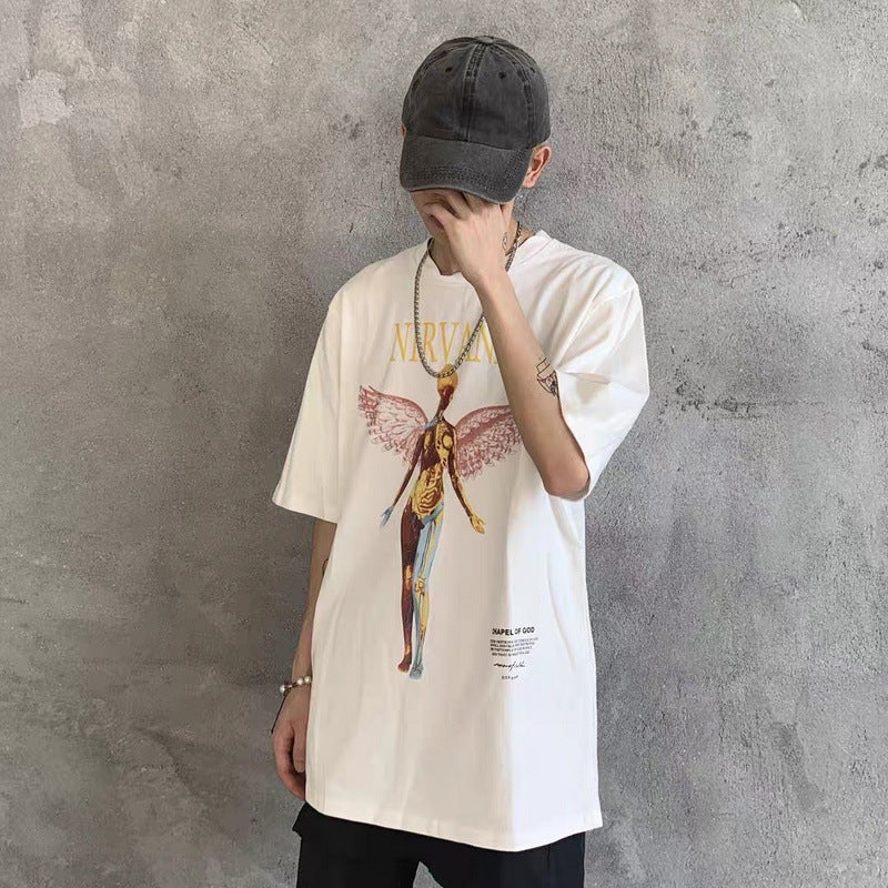 Mens Vintage T-Shirts vintage wash water do old short sleeves NIRVANA angel vintage loose