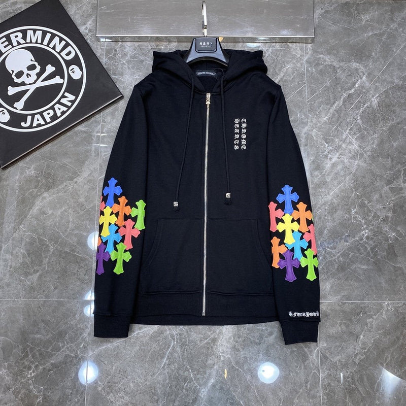 CHH Chrome Heart Hoodie Crowe Double Arm Embroidered Colored Cross Group Leather Zip Sweater