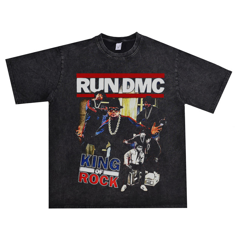 Rock Star T Shirt East Coast Hip Hop Rap Band Group Washed Distressed T-shirt Short Sleeve Men and Women Loose