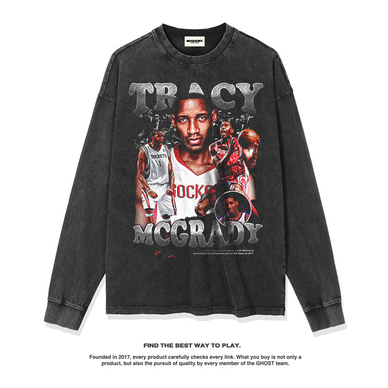 Nba Long Sleeved Shirt Autumn and Winter Tracy Mcgrady American Street Printed Long Sleeve T-shirt Washed