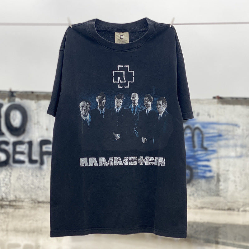 Men Vintage T-Shirts Vintage German Chariot Band RAMMSTEIN Short Sleeve Street Old Wash