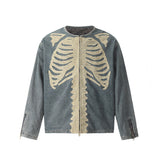 Unisex Denim Jacket Skeleton Embroidered Loose Cardigan Denim Jacket