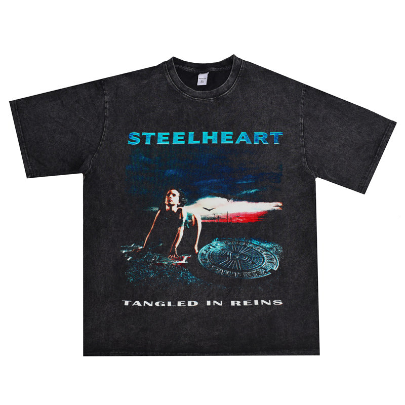 Rock Star T Shirt Rock Iron Band Printed T-shirt Short Sleeve Washed Distressed Men and Women