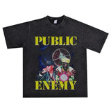 Rock Star T Shirt Hip-Hop Rap Public Enemies Band Washed Distressed T-shirt Short Sleeve