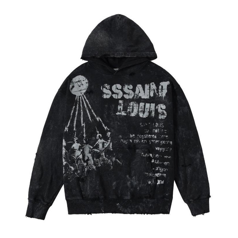 Mens Vintage T-Shirts SSSAINT LOUIS Printed wash water make old hooded jacket