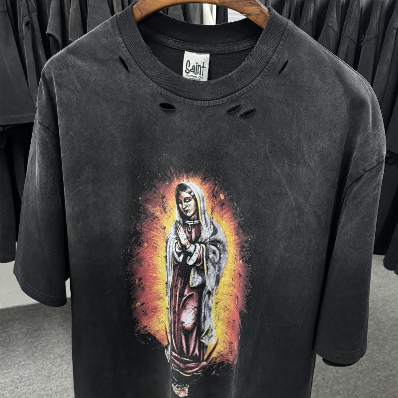 Mens Vintage T-Shirts SAINT MICHAEL Washing Water Old Ripped Virgin Mary T-Shirts